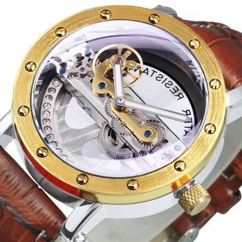 Forsining de Luxo Transparente Esqueleto Relógio Mecânico Automático para os Homens com as Mãos Luminoso Vintage Pulseira de Couro Mens Relógios de Presente
