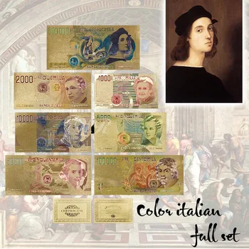 Colorido agradável Itália Lira de Notas Conjunto 7pcs Conjunto Completo de Metal de Folha de Ouro de Notas italiano Moeda Lembrança Para a Decoração