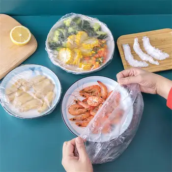 100 peças descartáveis PE fresco-manter o saco de filme plástico manga elástica alimentos poeira cobrir os alimentos película aderente atacado
