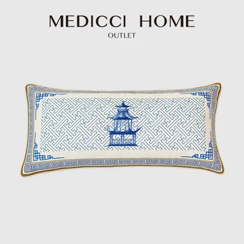 Medicci Casa de Pagode Chinoiserie Azul Obling Reforçar a Fronha 30x65 de Luxo Retângulo Capa de Almofada Ecletismo de estilos de Decoração