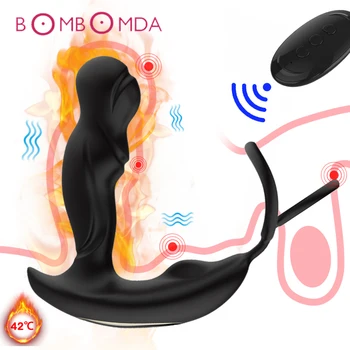 Carregamento USB Anel vibrador Sexo Masculino Brinquedo Aquecimento Prostata Massageador para o Homem, 10 Velocidades, Controle Remoto sem Fio de Cortiça Anal Plug anal