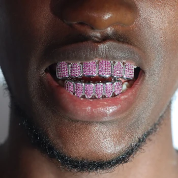 Hip Hop Strass Rosa Zircão Dentes Grillz Para Homens Mulheres Gelado Fora Zircônia Cúbica De Pavimentação Superior E Inferior Dos Dentes Conjunto Dental, Jóias De Presente