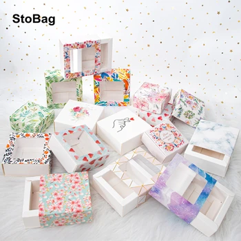 StoBag 5pcs/Monte Sabonete Artesanal de Embalagens Com Clara Transparente Janela de Mini Caixa de Papel do Armazenamento Favor do Chuveiro de Bebê de Presente Decoração