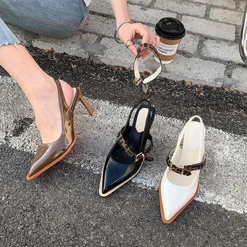 2022 Nova Moda Apontou salto Alto Sapatos femininos francesa Couro de Patente Saltos Finos Dois Fivela de Cinto Único Sapatos