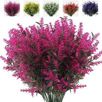 8 Feixes de Flores Artificiais Falso Plantas Exteriores Falso UV Resistente a Lavanda, Flor de Plástico Arbustos Interior Fora Decorações