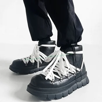 Black Lace Ankle Boots Pequeno Estilo Britânico, Com Sola Grossa Vintage Ferramentas Menleather Sapatos De Couro Preto De Alta No Topo Do Tabuleiro Sapatos