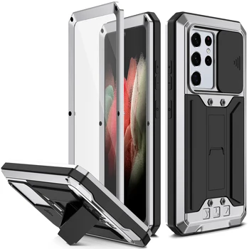 Pesados Stand Case Para Samsung Galaxy S21 Ultra 5G de 6,8 polegadas SM-G9980 Com o Protetor de Tela de Slide Empurrar Câmara de Proteção Bolsa