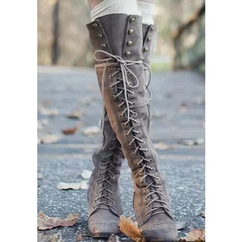 BONJOMARISA Clássico da Marca Chunky Calcanhar do Laço do Vintage das Mulheres Joelho Alto Botas Designer Confortável a Pé de Cowboy Sapatos de Senhoras Calçado