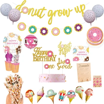 Donut Festa De Aniversário De Mesa Sorvete Balões Folha Crianças Felizes, Festa De Aniversário, Decorações De Chá De Bebê Donut Favores Do Partido
