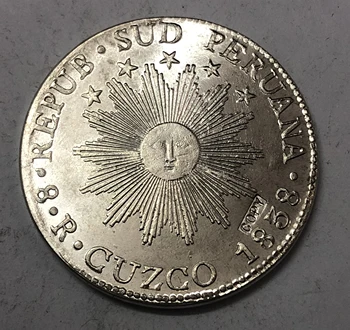 1838 Peru 8 Reales Sul Peru CÓPIA banhado a prata moeda