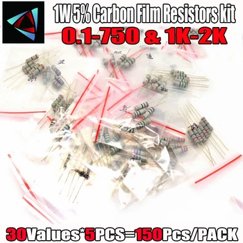 150Pcs 1W Resistores de Filme de Carbono 0,1 Ohm ~ 750 ohm ou 1K ~ 2M 5% Kit Sortido de Resistência de 30 De Valores*5pcs