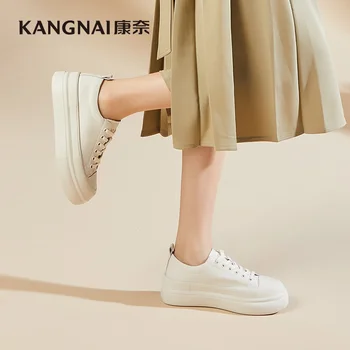 Kangnai Tênis Calçados Femininos Branco Couro Rachado Do Laço Do Dedo Do Pé Redondo Televisão Plataforma Leve Senhoras Sapatos Casuais
