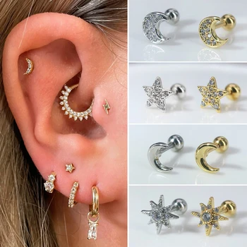Tragus Piercing Helix Cartilagem Brincos Para Mulheres Coreano Moda Da Cor Do Ouro Do Zircão Relâmpago Estrelas, Lua Modernos, A Jóia Do Corpo