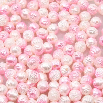 Cor-de-rosa Imitações de Pérolas Bolas Para Braceletes Esculpidos Rodada Rosa 8mm 50pcs Acrílico Miçangas Para Fazer Jóias DIY-Chave da Cadeia de Acessórios