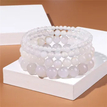 Moda Branco Agates Esferas Braceletes de Pedra Natural Bracelete Frisado 4 6 8 10 mm Stonebead Pulseiras para Mulheres, Homens Jóias Pulseira