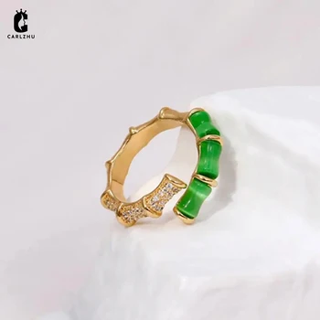 Banhado a ouro CZ Zircão de Bambu anilhas Abertas para as Mulheres, a Menina Coreia do Projeto Índice de Anel Simples, Versátil Handband Jóias