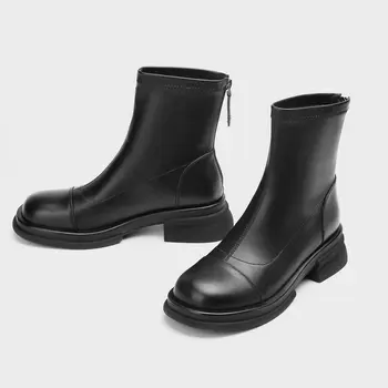 Couro De Vaca Mulheres Ankle Boots Med Saltos Senhoras De Volta Zipper Vestido Básico Festa De Sapatos Outono Inverno Tamanho 41 42 43