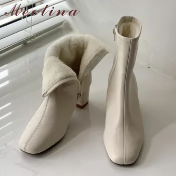 Meotina Real De Couro De Alta Calcanhar Ankle Boots Mulheres De Pés Quadrados Zíper Curto Botas Sapatos De Salto Grosso Quente Do Sexo Feminino Botas De Inverno Bege