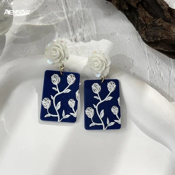 AENSOA Vintage Floral Branco Padrão de Acrílico Brincos para Mulheres Azul Geométricas Quadrado Pendientes Flor Brincos Jóias