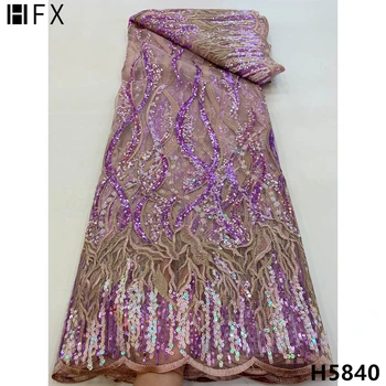 HFX mais Recente lantejoulas Bordadas em Tule de Malha de Tecido de Renda Africana Grânulos cor-de-rosa Bordado Nigeriano Laço de Tecido para o vestido de festa H5840
