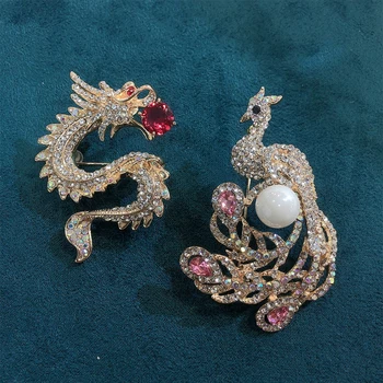 Morkopela Clássico Vintage Zircão Pérola Strass Dragon Phoenix Broche Pin e Jóias Broches para as Mulheres Cachecol