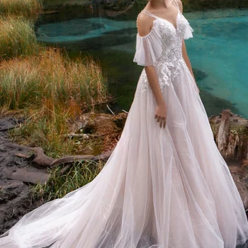 2021 V-Pescoço para Fora do Ombro Vestidos de Noiva Beading Tiras de Flores em 3D Apliques de Volta Aberto Vestidos de Noiva Robe De Mariee