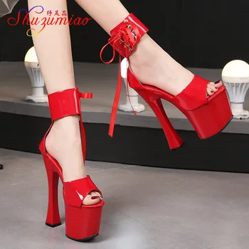 Boate Red Adultos Sapatos de Stripper feminina Verão 20CM Sandálias de Salto Plataforma Sólida de Cor Tornozelo Pulseira de Couro de Patente Modelos de Sapatos