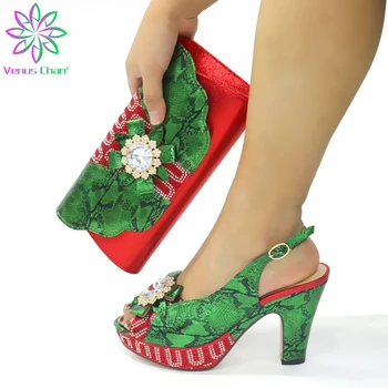 Clássicos verde/vermelho italiano Mulheres Royal Festa de Casamento Sapatos e Bolsa para Combinar com Brilho de Cristal Nigeriano Estilo Definido
