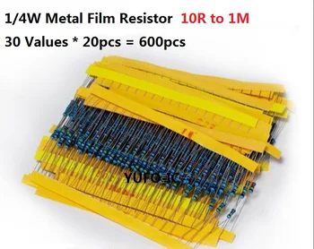30values*20PCS=600PCS 10 ohm - 1m ohm 1/4W 1% de Metal Fillm Resistor conjunto de kit Sortido de 100R 470R 510R 670R 1k 10k 4.7 k 100 k pack