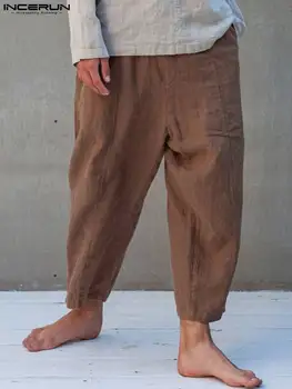 2022 Homens de Calças de Cor Sólida Elástico na Cintura Solta Vintage Casual Calças dos Homens Corredores de Streetwear Algodão Bolsos Pantalon INCERUN