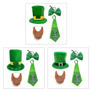 Saint Patrick's Day Férias Favores Conjunto de Trevo Verde, Chapéu, Gravata Gravata Longa Barba para Festa Irlandesa Suprimentos Decorações R7UA