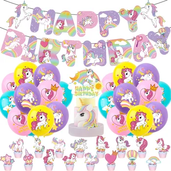 Unicórnio Tema Da Festa De Aniversário De Banner Bolo Topper Balões De Látex Feliz Aniversário, Decoração Para Uma Festa Da Menina Das Crianças Do Chuveiro De Bebê Para Festas