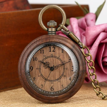 Retro Caso de Madeira Relógio de Bolso para os Homens Algarismos arábicos, com ligação Acessório Clássico Áspero Corrente Pingente de Relógio Reloj de madera