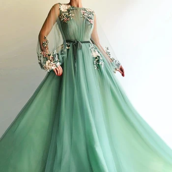 Gola alta com Inchados de Mangas compridas Verde Vestido de Baile com Multi Cor Applique Lace Vestido de Noite Cinto de vestido de noiva simples