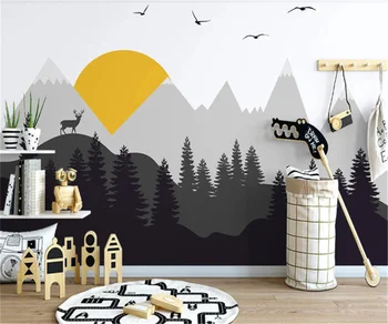 Personalizado mural do Norte da Europa, pintados à mão, moderno e simples de geometria pico da montanha floresta de pinheiros elk crianças de parede papel de parede