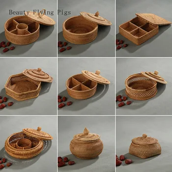 Criativo Akifuji Mão-tecidos cesto Com tampa, decoração do ambiente de trabalho snack frutas secas Cesta Portátil doces Caixa de Armazenamento