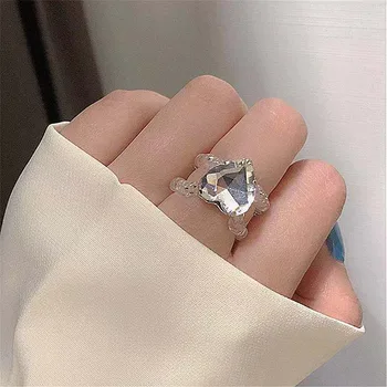 Ins em forma de Coração com Strass Anéis Elásticos de Cristal Super Fada Coreia Simples Pêssego Coração Índice Anel de Dedo Data da Viagem de Presente de Amigo