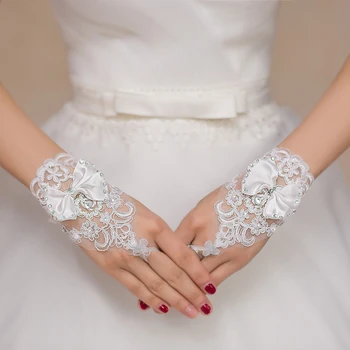 Senhoras De Laço Branco Sem Dedos Da Mão Curta Luvas De Casamento De Noiva