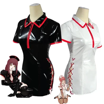 Anime Motosserra Homem Cosplay Traje Makima Poder Sexy de Enfermeira de Uniforme PU de Couro, Vestido de Terno Peruca Mulheres Halloween Trajes Cosplay