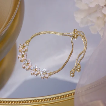 Coreia Quente Jóia 14K Real Gold Chapeamento de Cobre Embutidos AAA Zircão Pulseira Flor Elástico Ajustável Mulheres Pulseira