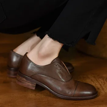 Retro Sapatos Para As Mulheres Do Vintage Do Dedo Do Pé Redondo Simples Senhoras De Sapatos De Couro De Couro Macio Flats Salto Baixo De Deslizamento Na Qualidade Europeia Oxfords