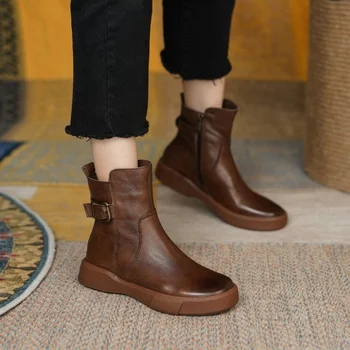 2023 Novo Chelsea Botas para Mulheres de Outono Inverno de Couro Sapatos femininos Retro Casual Televisão Ankle Boots Feminina Plataforma Martin Botas