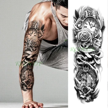 Impermeável da etiqueta temporária tatuagem roma relógio relógio de bolso de caveira rosa flor braço completo falsa tatoo flash tatto para homens mulheres