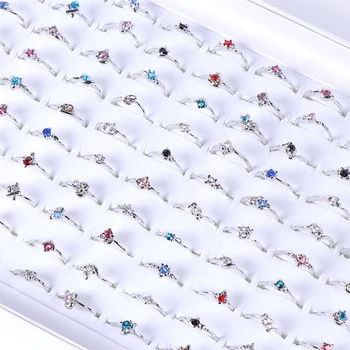 50Pcs/monte Moda Colorida Zircão Banhado a Prata Anéis Para as Mulheres Mistura de Cores do Estilo de Casamento Noivado Jóias Festa de Presentes