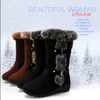 Botas de neve de Inverno Mulheres Botas de Mais de veludo engrossar Quente Peles Meados de Bezerro Botas para Mulheres de Deslizamento do Dedo do pé Redondo cunhas botas mulher Plus size