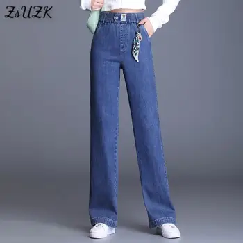 Novas Mulheres Estilo Direto Wide Leg Jeans Primavera, Outono Solta Queda Elasticidade De Cintura Alta Jeans Calças Compridas