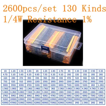 2600PCS/130 Valores de 1/4W 0,25 W 1% 1R Ohm-3M Resistências de Película Sortidas Pacote de Conjunto de Muitas Resistências Variedade de Kits de Resistor Fixo