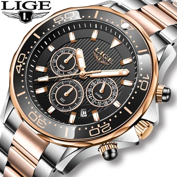 Assistir os Homens LIGE Novo Esporte Impermeável de Aço Inoxidável Relógios de homens de melhor Marca de Luxo Ouro Quartzo Relógio de Pulso Cronógrafo masculino
