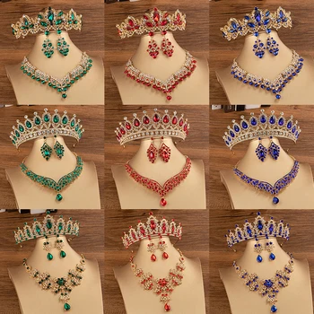 Cristal De Rocha Da Noiva Tiaras E Coroa Para As Mulheres Rainha Princesa Vermelho Azul Verde Colar Conjuntos De Jóias De Moda Conjunto Diademas