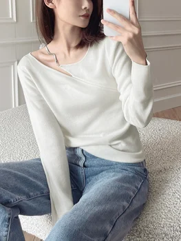 Moda Branco T-Shirts Mulheres De Manga Longa Chique Slim Tops Coreano Estilo Casual E Elegante Blusa Preta Y2k Roupas 2022 Outono Tees